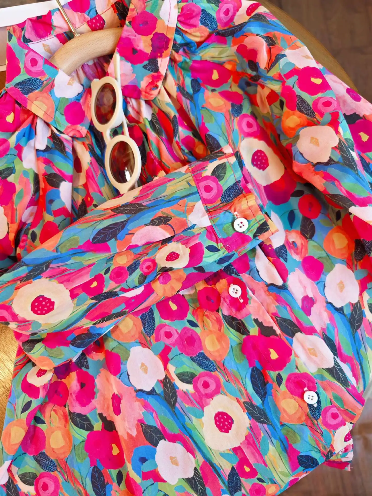 Spring Autumn New Girls Princess Dress Full Print Flowers Long Sleeve Lapel Collar Dress For 2-8 Years Girls Casual Shirt Skirt