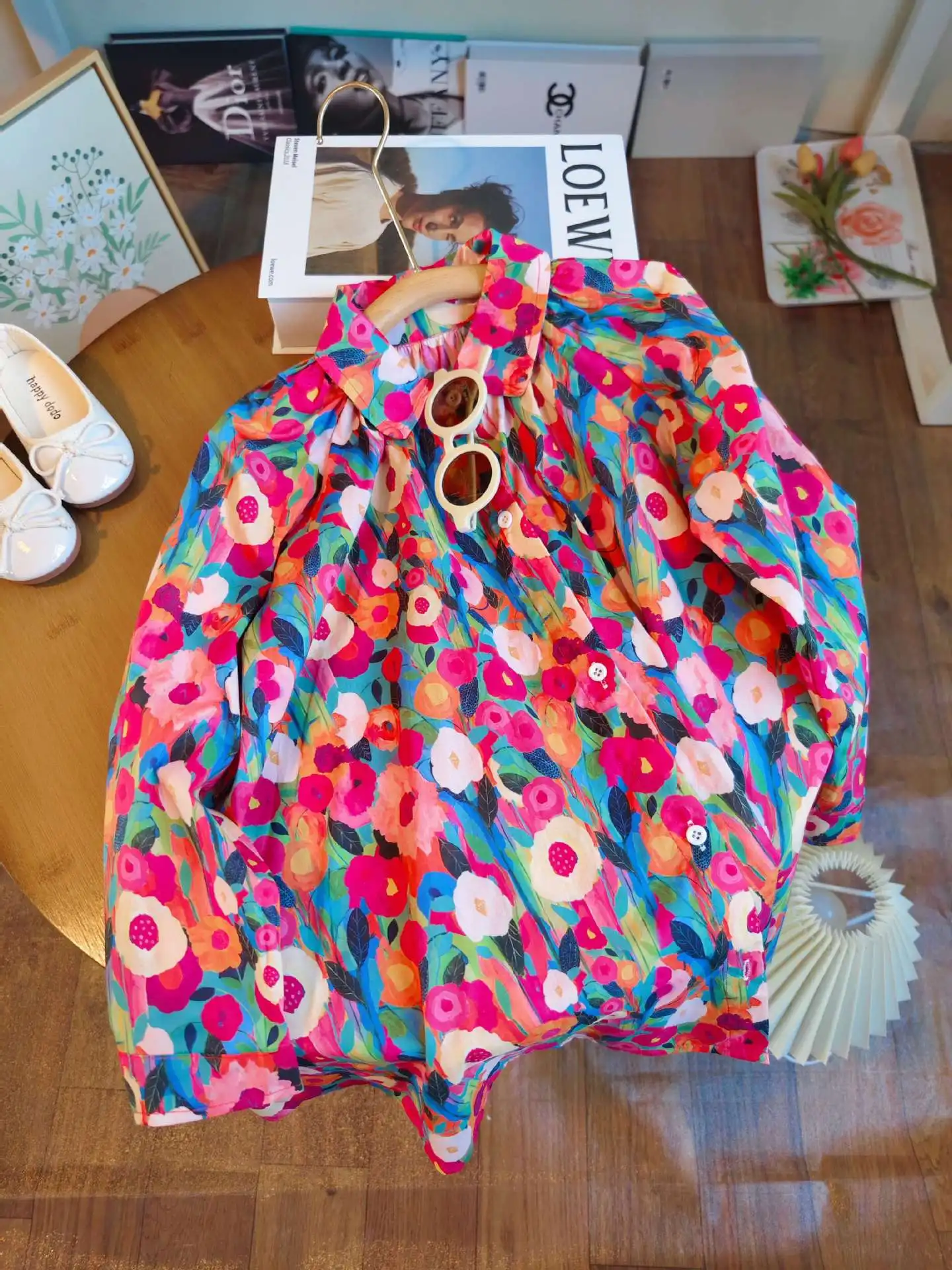 Spring Autumn New Girls Princess Dress Full Print Flowers Long Sleeve Lapel Collar Dress For 2-8 Years Girls Casual Shirt Skirt