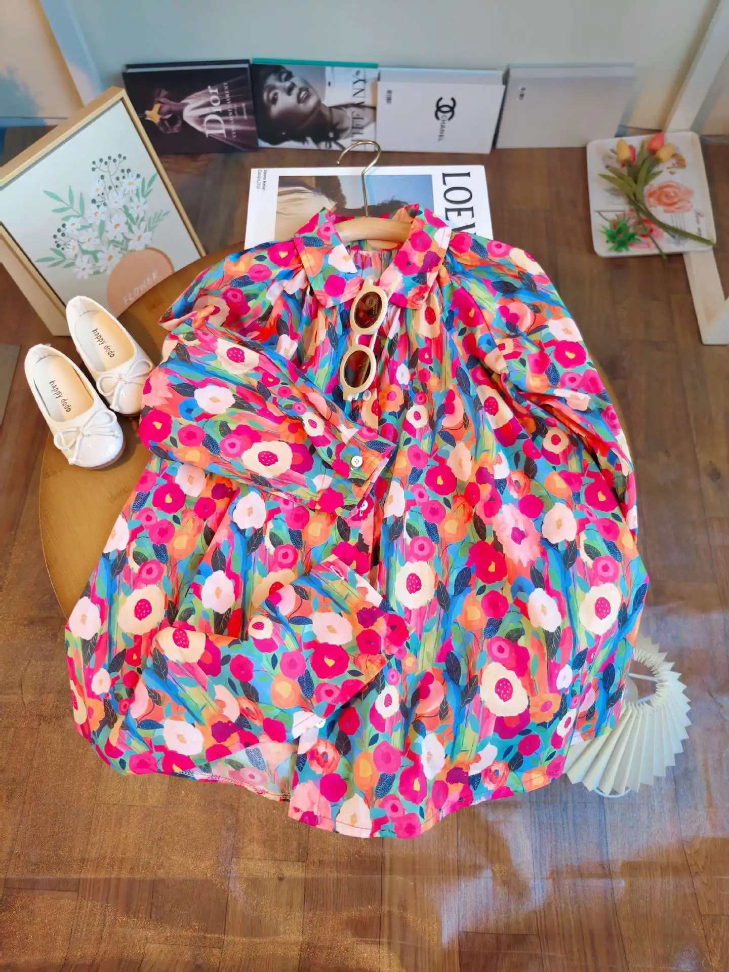 Spring Autumn New Girls Princess Dress Full Print Flowers Long Sleeve Lapel Collar Dress For 2-8 Years Girls Casual Shirt Skirt