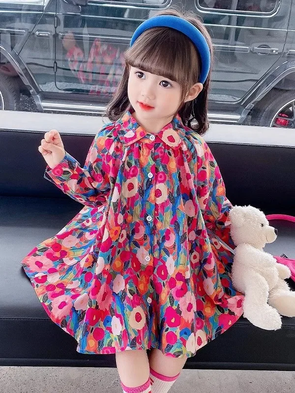 Spring Autumn New Girls Princess Dress Full Print Flowers Long Sleeve Lapel Collar Dress For 2-8 Years Girls Casual Shirt Skirt