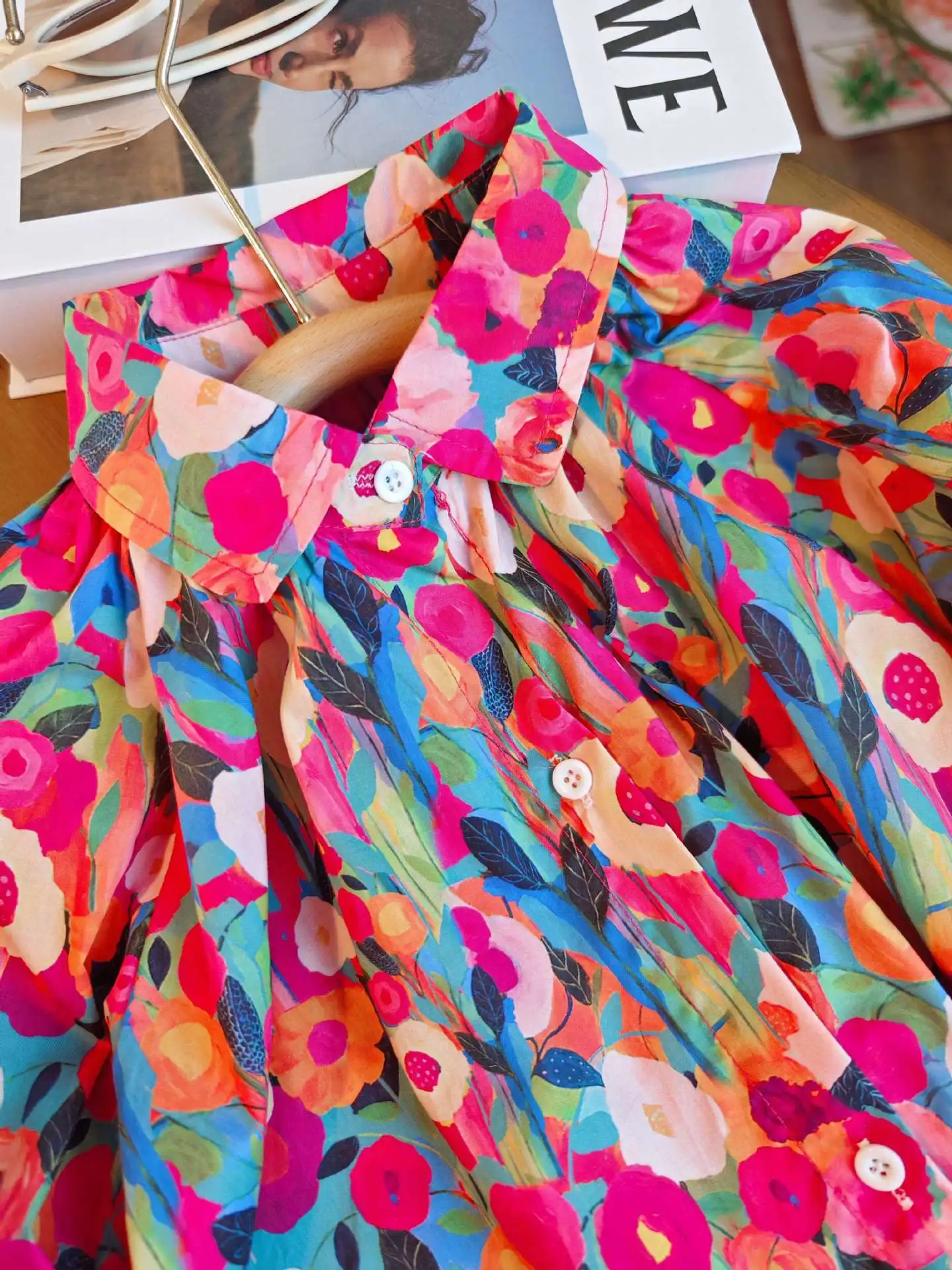 Spring Autumn New Girls Princess Dress Full Print Flowers Long Sleeve Lapel Collar Dress For 2-8 Years Girls Casual Shirt Skirt