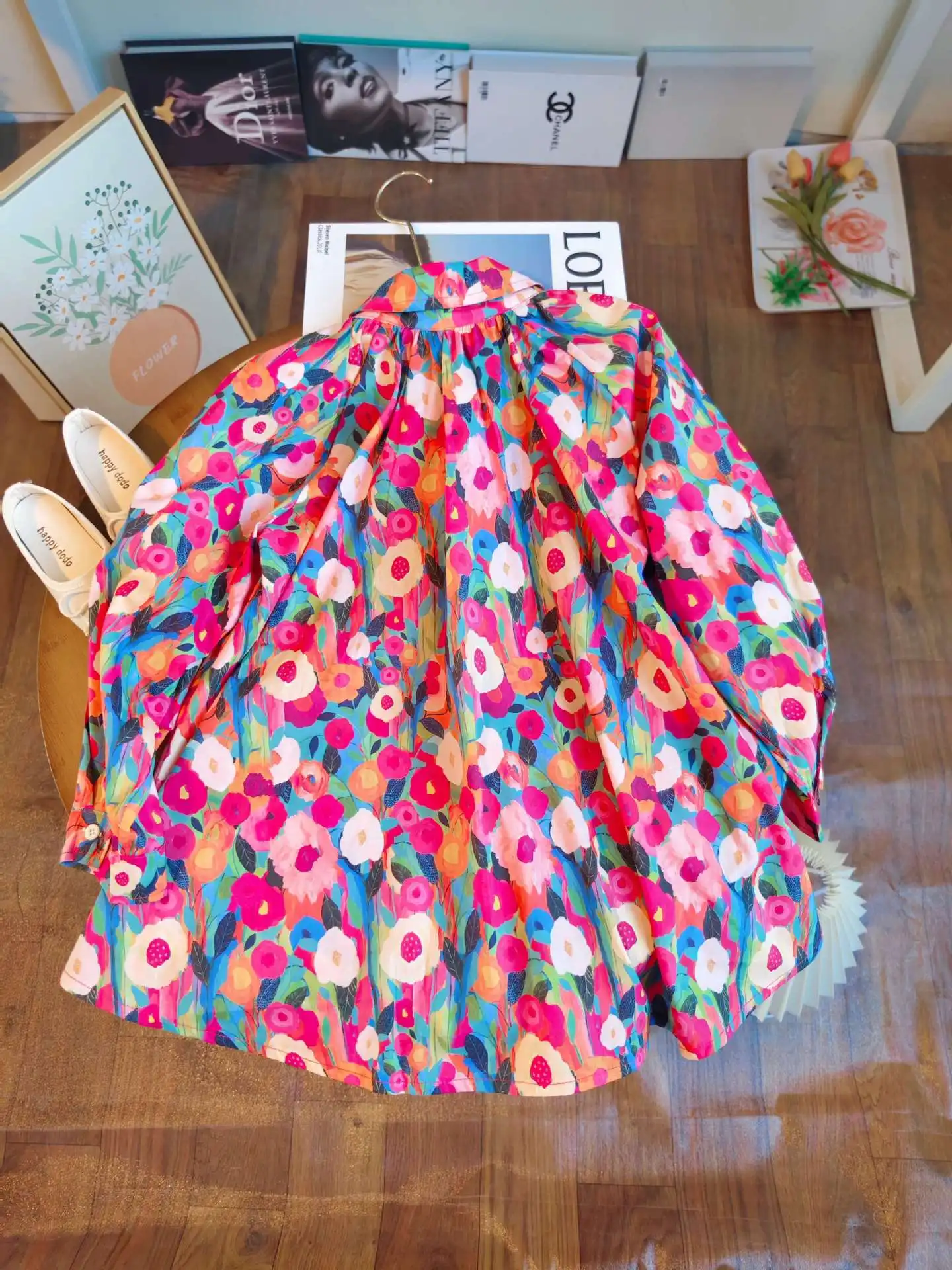Spring Autumn New Girls Princess Dress Full Print Flowers Long Sleeve Lapel Collar Dress For 2-8 Years Girls Casual Shirt Skirt