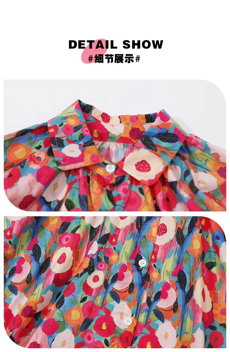Spring Autumn New Girls Princess Dress Full Print Flowers Long Sleeve Lapel Collar Dress For 2-8 Years Girls Casual Shirt Skirt