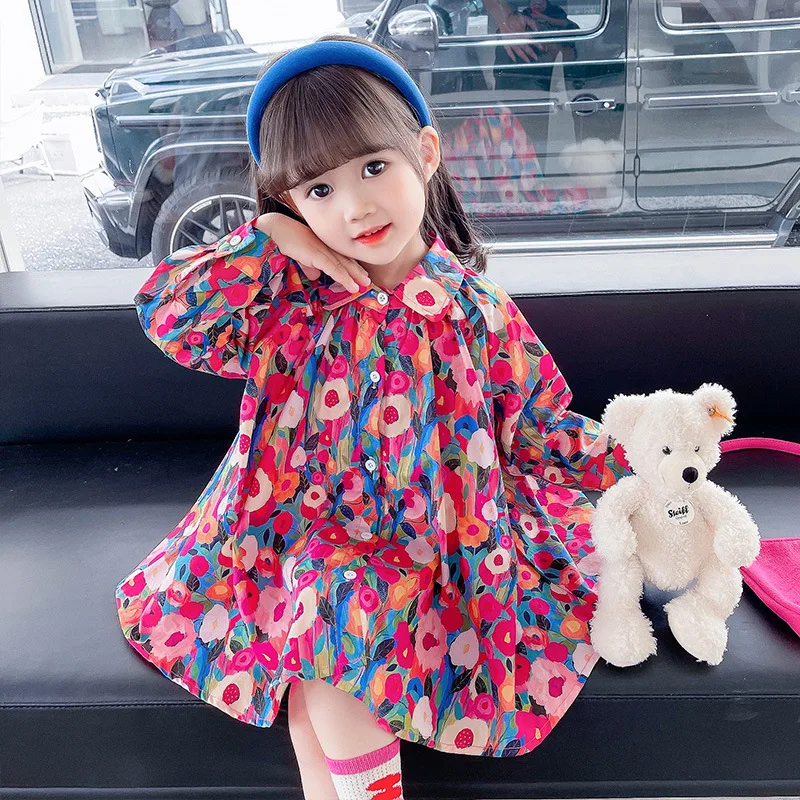 Spring Autumn New Girls Princess Dress Full Print Flowers Long Sleeve Lapel Collar Dress For 2-8 Years Girls Casual Shirt Skirt