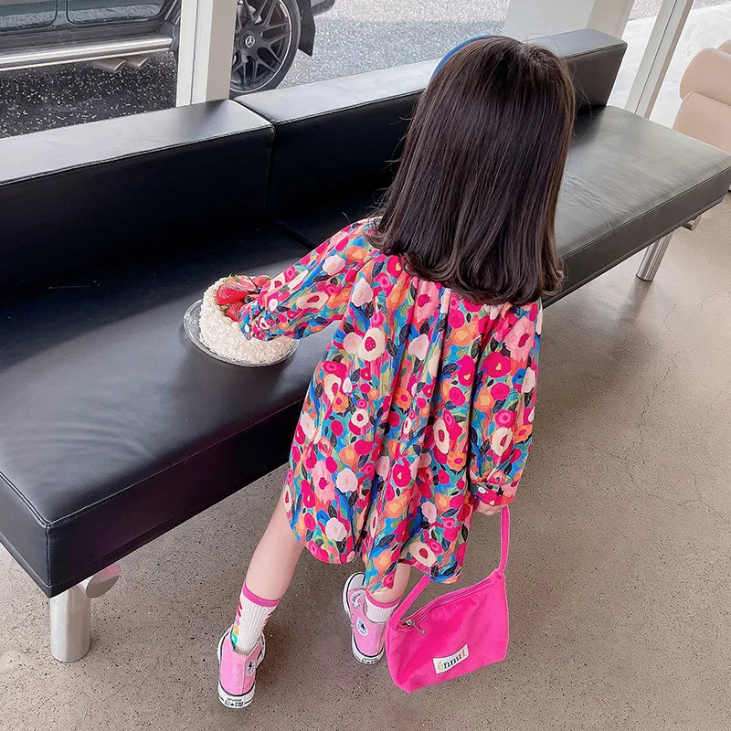 Spring Autumn New Girls Princess Dress Full Print Flowers Long Sleeve Lapel Collar Dress For 2-8 Years Girls Casual Shirt Skirt