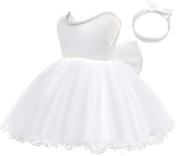 Baby Dresses Girl 1st Birthday Party Backless Embroidery Elegant Big Bow Wedding White Tutu Gown Girls Christening Costume