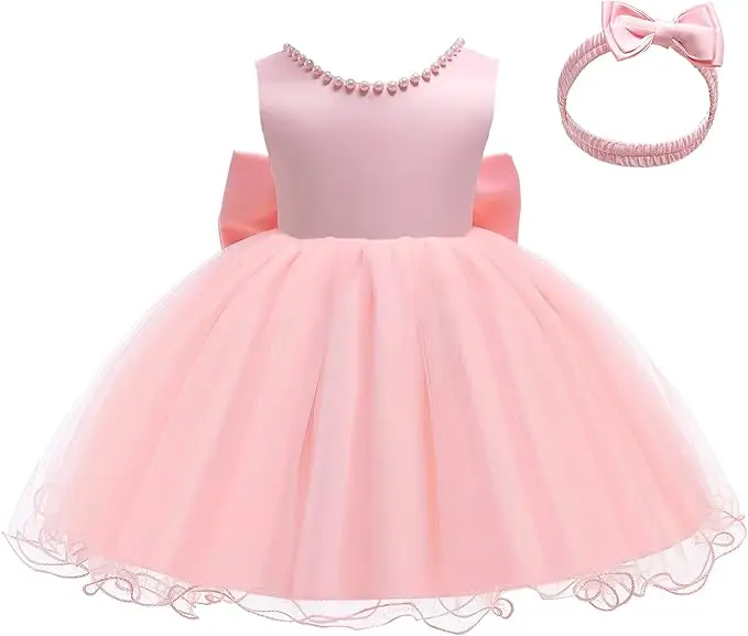 Baby Dresses Girl 1st Birthday Party Backless Embroidery Elegant Big Bow Wedding White Tutu Gown Girls Christening Costume