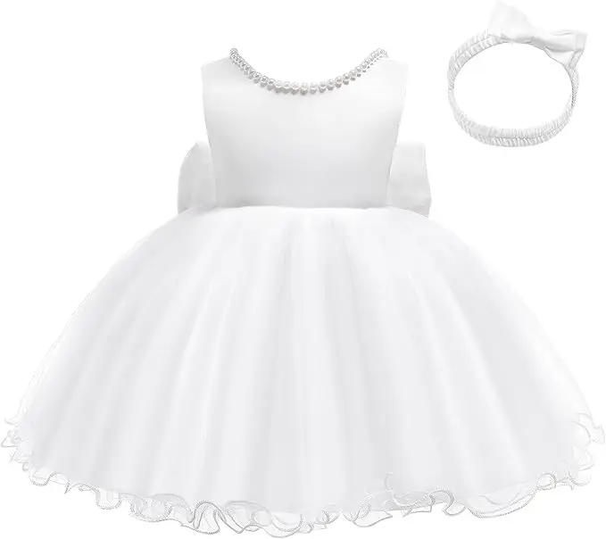 Baby Dresses Girl 1st Birthday Party Backless Embroidery Elegant Big Bow Wedding White Tutu Gown Girls Christening Costume