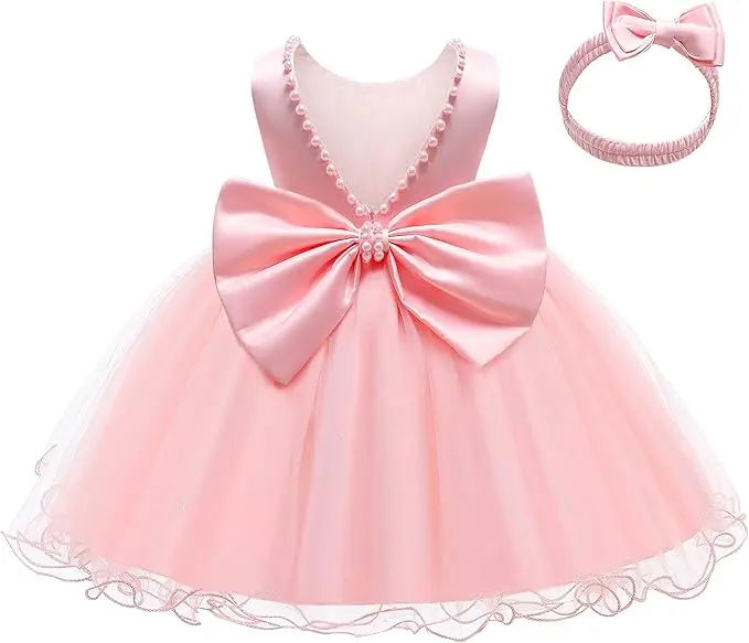 Baby Dresses Girl 1st Birthday Party Backless Embroidery Elegant Big Bow Wedding White Tutu Gown Girls Christening Costume