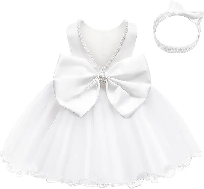 Baby Dresses Girl 1st Birthday Party Backless Embroidery Elegant Big Bow Wedding White Tutu Gown Girls Christening Costume