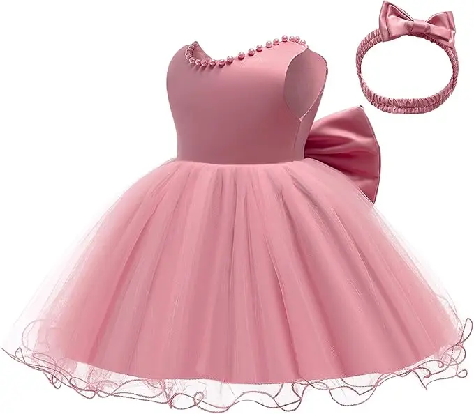 Baby Dresses Girl 1st Birthday Party Backless Embroidery Elegant Big Bow Wedding White Tutu Gown Girls Christening Costume