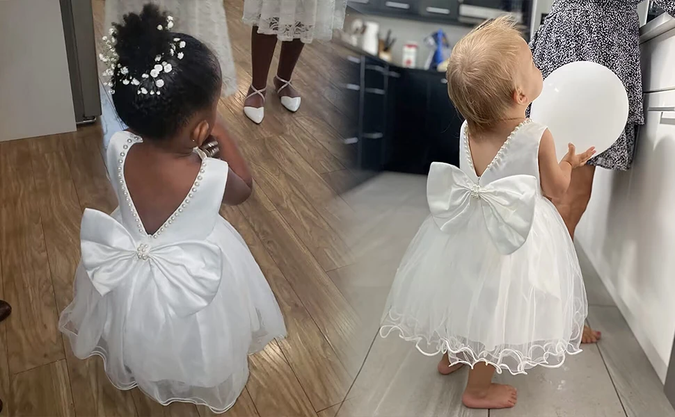 Baby Dresses Girl 1st Birthday Party Backless Embroidery Elegant Big Bow Wedding White Tutu Gown Girls Christening Costume