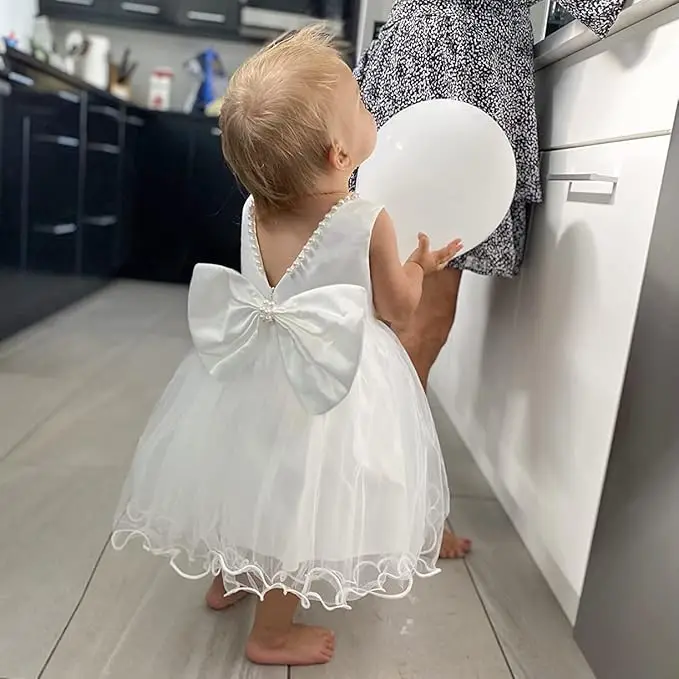 Baby Dresses Girl 1st Birthday Party Backless Embroidery Elegant Big Bow Wedding White Tutu Gown Girls Christening Costume