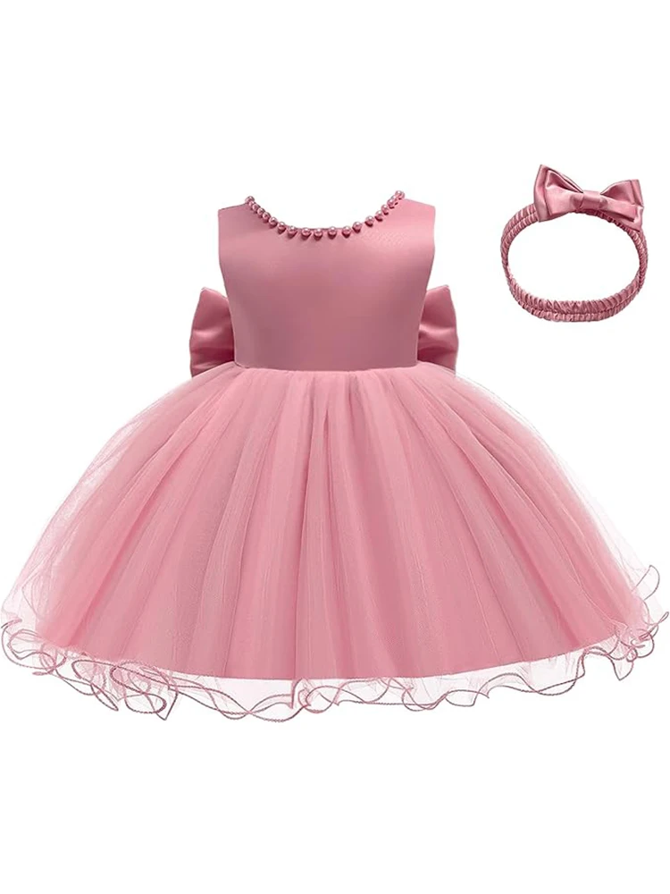 Baby Dresses Girl 1st Birthday Party Backless Embroidery Elegant Big Bow Wedding White Tutu Gown Girls Christening Costume