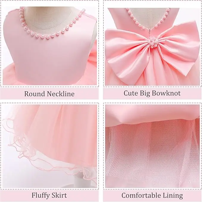 Baby Dresses Girl 1st Birthday Party Backless Embroidery Elegant Big Bow Wedding White Tutu Gown Girls Christening Costume