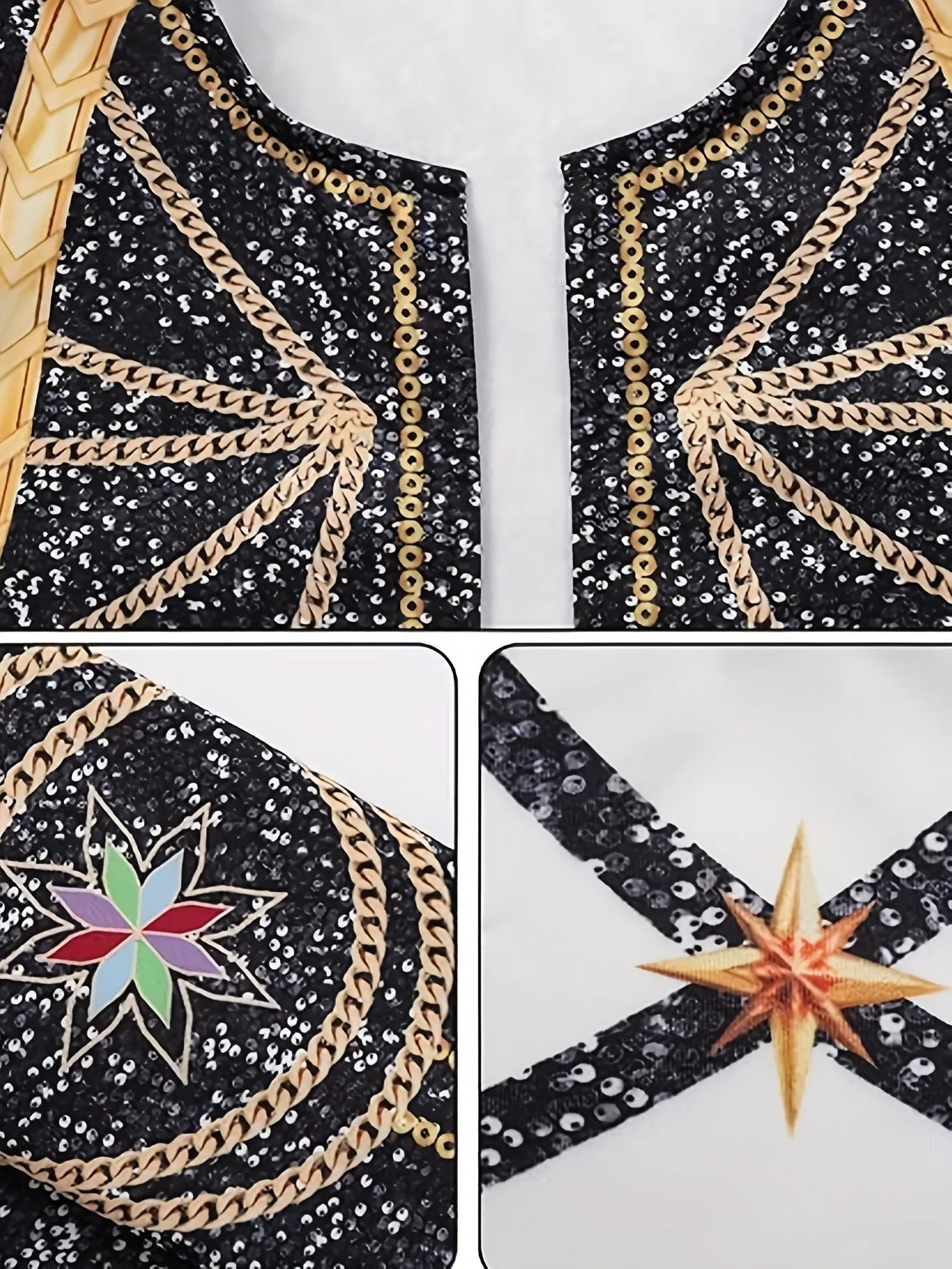 Kids Girls 3-Piece Stage Outfit, Black Gold Trim Cropped Jacket + White Crop Top + Chain Detail Shorts for Dance Performance