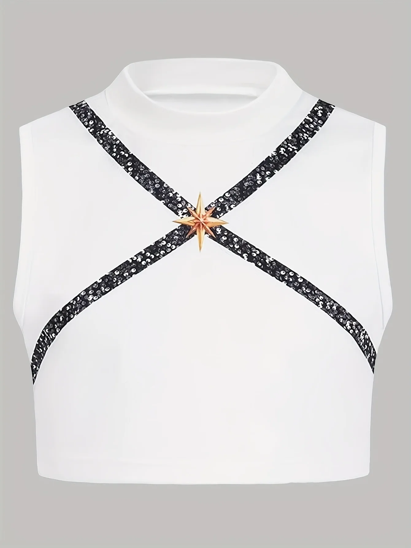 Kids Girls 3-Piece Stage Outfit, Black Gold Trim Cropped Jacket + White Crop Top + Chain Detail Shorts for Dance Performance