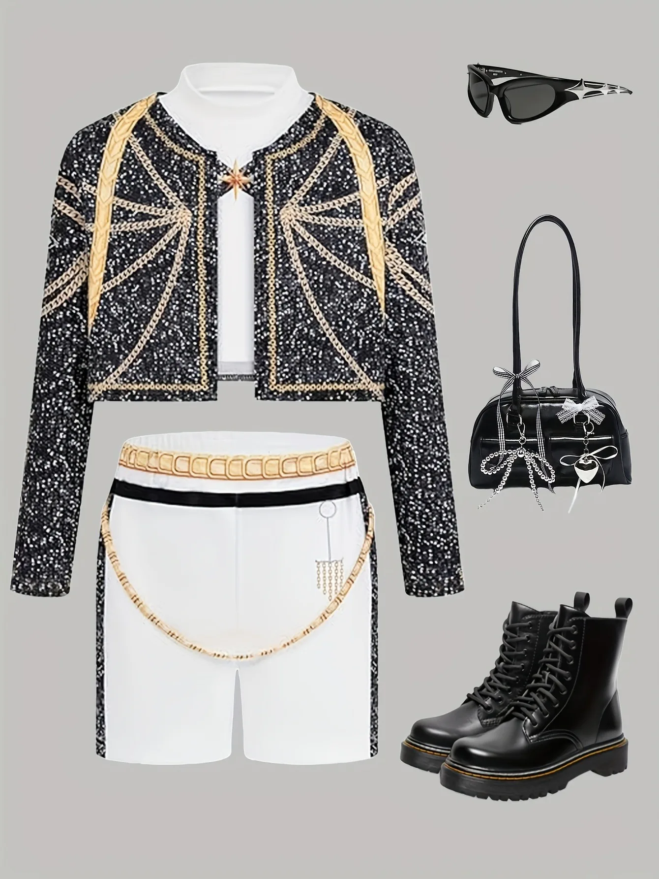 Kids Girls 3-Piece Stage Outfit, Black Gold Trim Cropped Jacket + White Crop Top + Chain Detail Shorts for Dance Performance