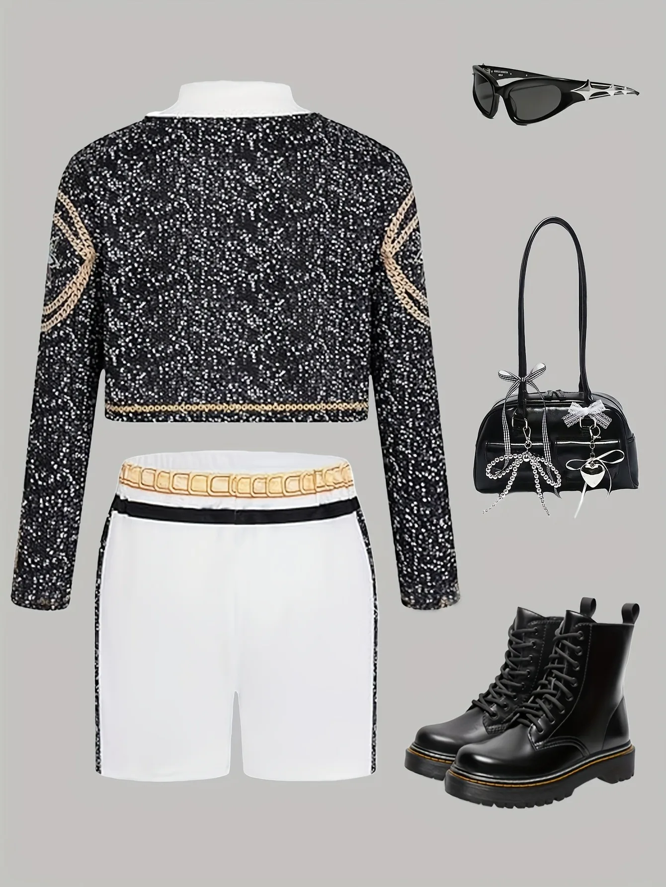 Kids Girls 3-Piece Stage Outfit, Black Gold Trim Cropped Jacket + White Crop Top + Chain Detail Shorts for Dance Performance