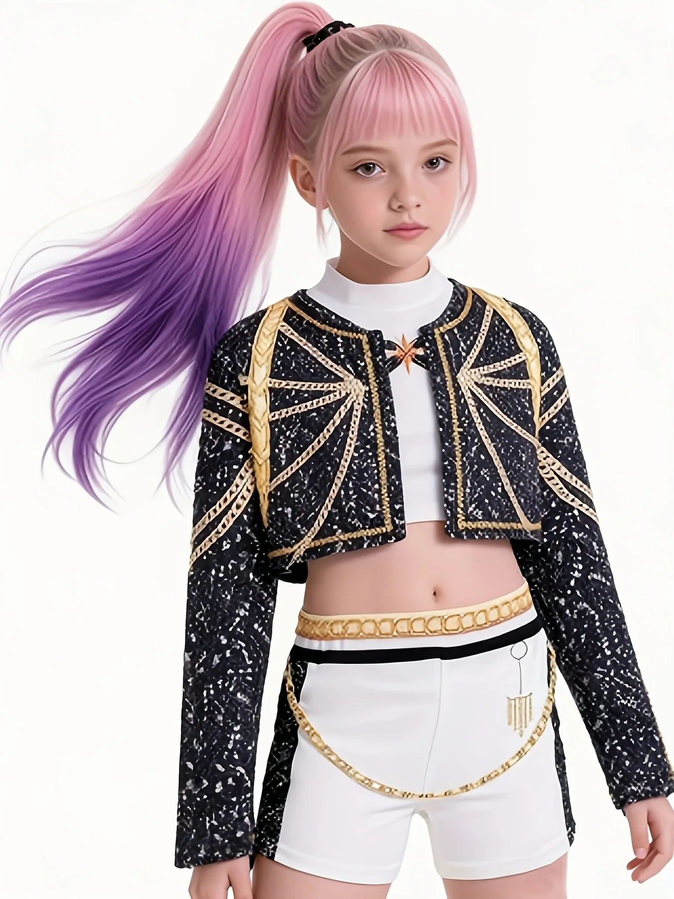 Kids Girls 3-Piece Stage Outfit, Black Gold Trim Cropped Jacket + White Crop Top + Chain Detail Shorts for Dance Performance