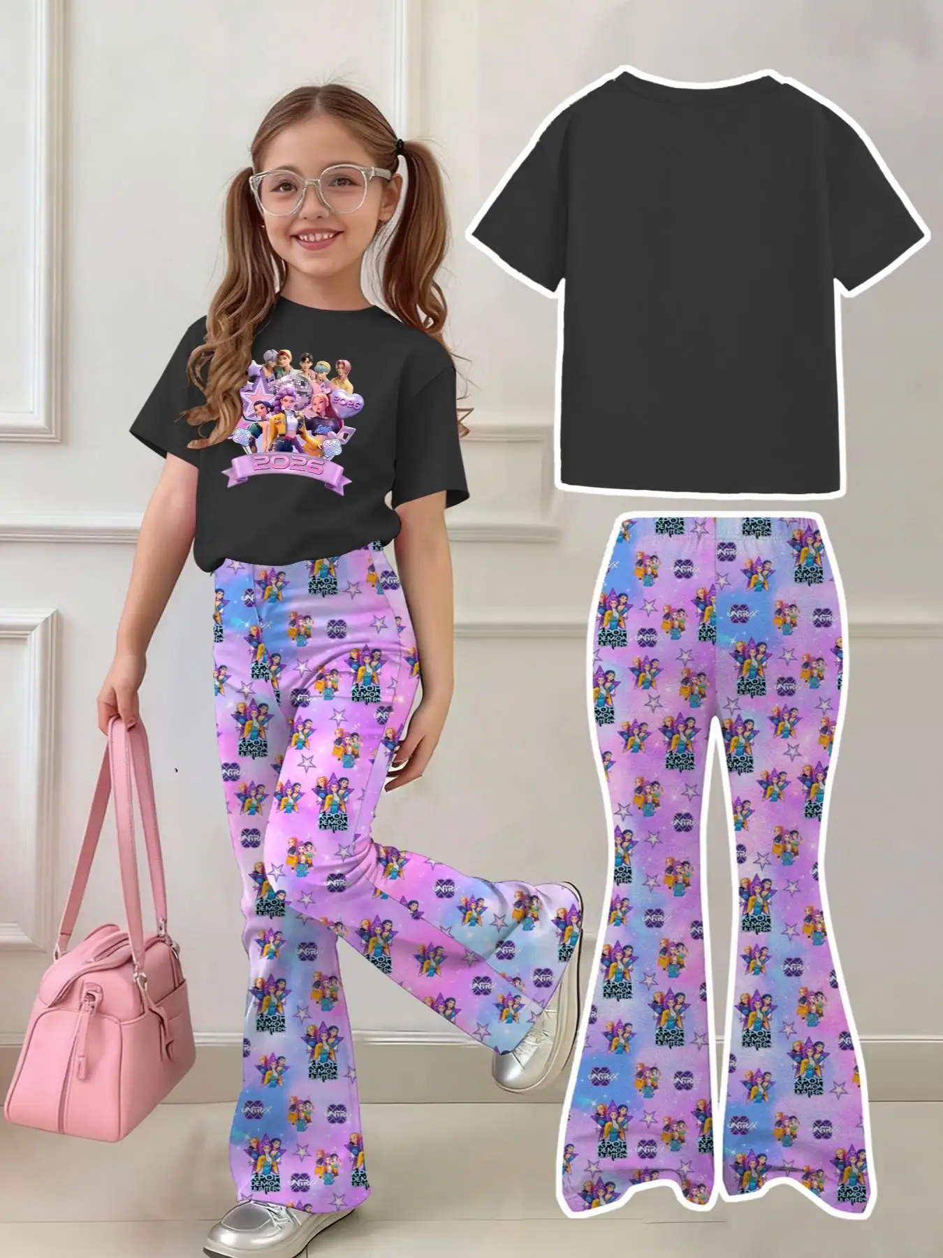 2026 Concert Outfit Girls 2 Piece Set Sparkle Cartoon Crop Top & High Waist Flare Pants Kids Cute Clothing