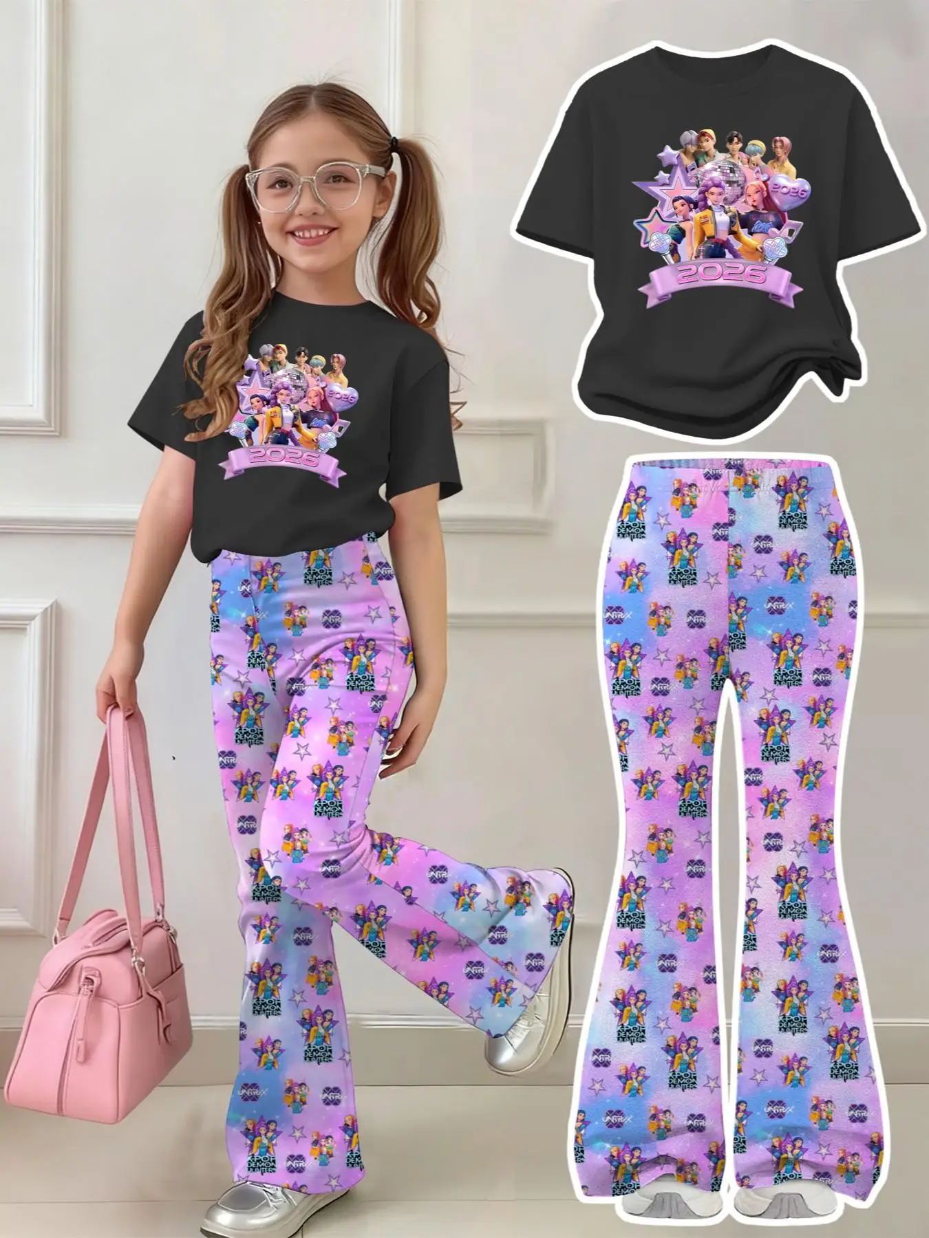 2026 Concert Outfit Girls 2 Piece Set Sparkle Cartoon Crop Top & High Waist Flare Pants Kids Cute Clothing