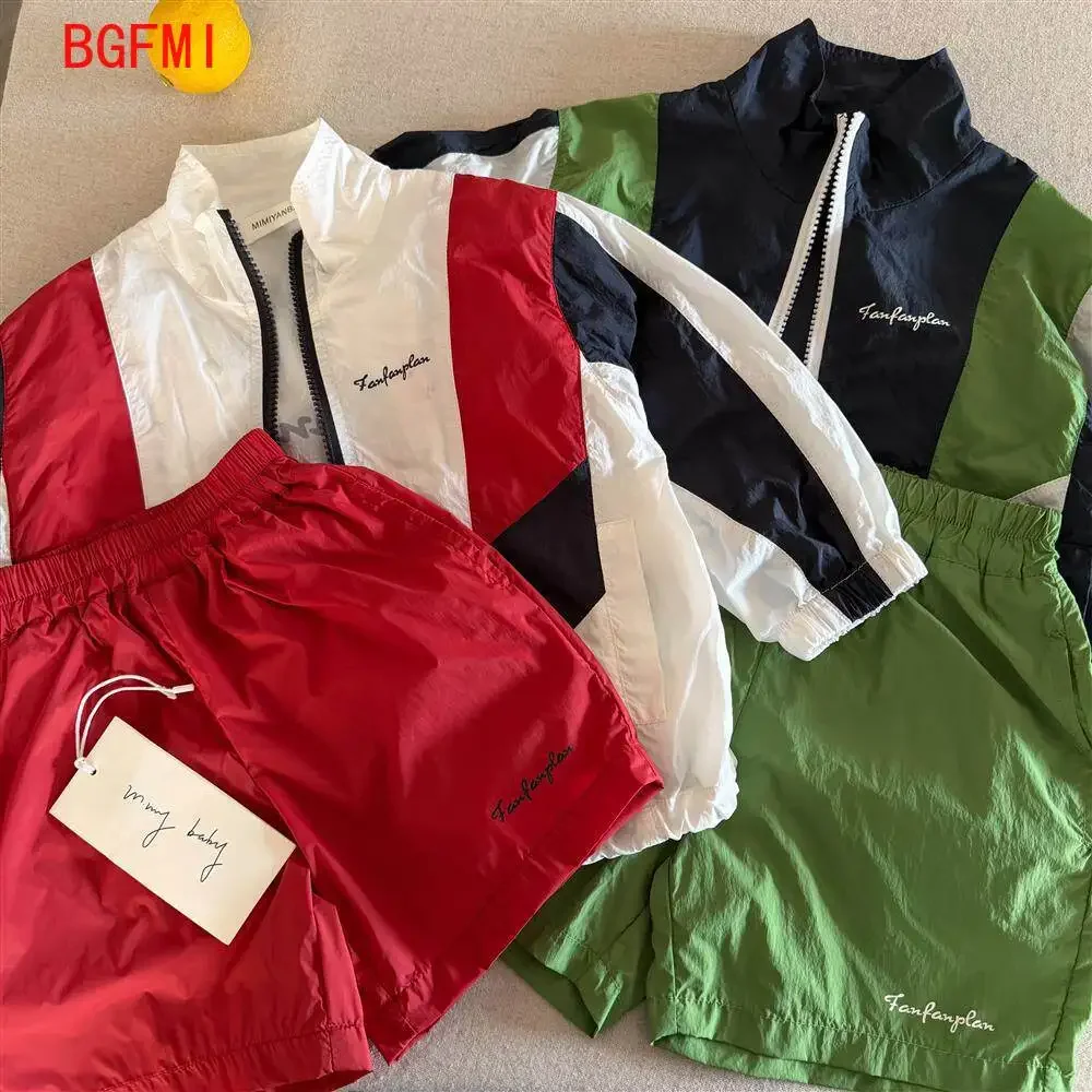 2-11Y Children's Set 2026 Summer Boys Girls Patchwork Sunscreen Coat Baby Long Sleeves Sports Top and Casual Quick Drying Shorts