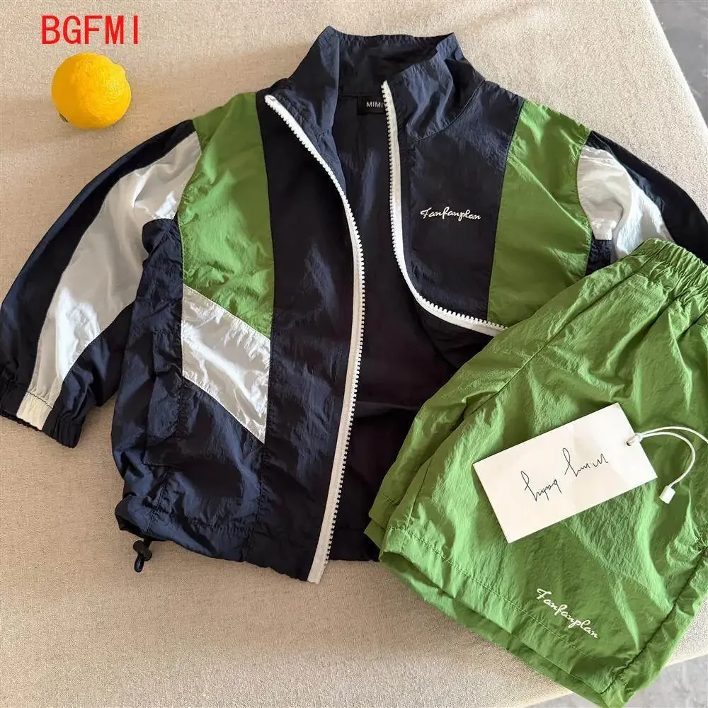 2-11Y Children's Set 2026 Summer Boys Girls Patchwork Sunscreen Coat Baby Long Sleeves Sports Top and Casual Quick Drying Shorts