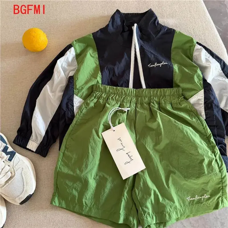 2-11Y Children's Set 2026 Summer Boys Girls Patchwork Sunscreen Coat Baby Long Sleeves Sports Top and Casual Quick Drying Shorts