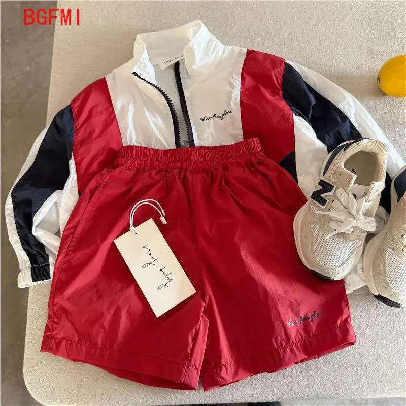 2-11Y Children's Set 2026 Summer Boys Girls Patchwork Sunscreen Coat Baby Long Sleeves Sports Top and Casual Quick Drying Shorts