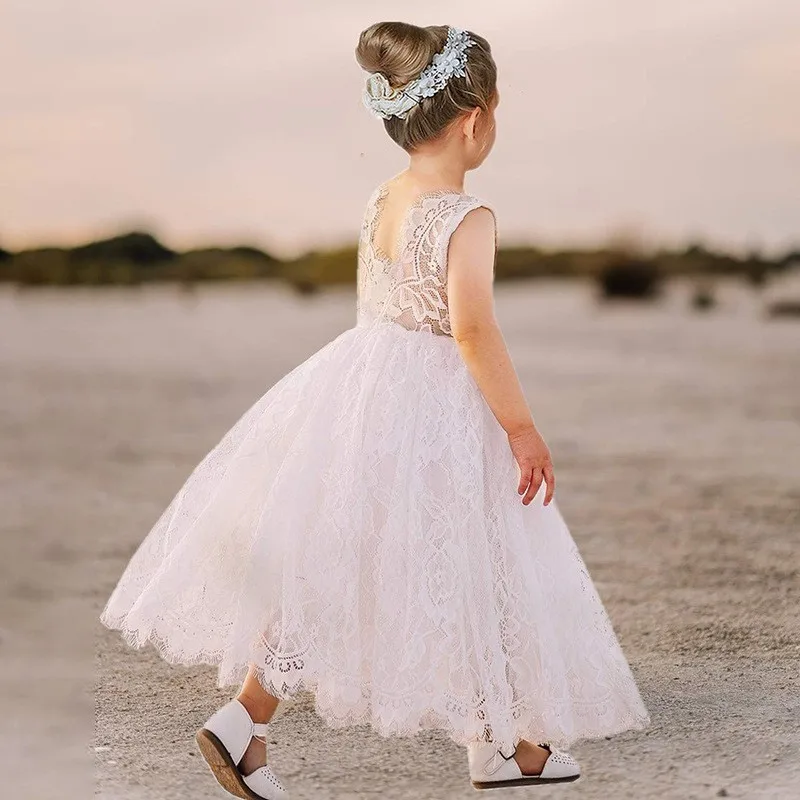 Girl Family Set Princess Dress White Lace Long Dress Wedding Flower Children Open Back Wedding Dress Girl Elegant Evening Dress