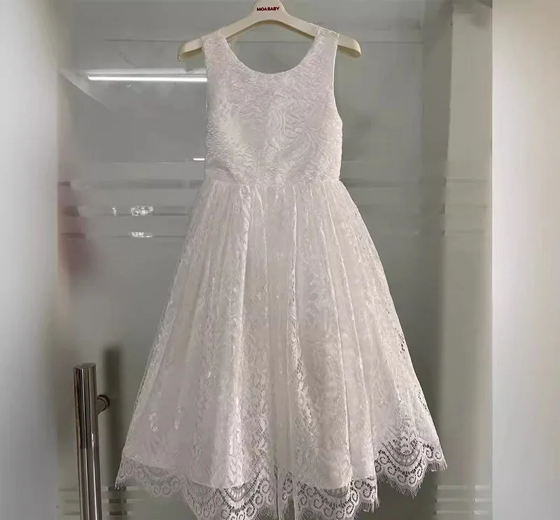 Girl Family Set Princess Dress White Lace Long Dress Wedding Flower Children Open Back Wedding Dress Girl Elegant Evening Dress