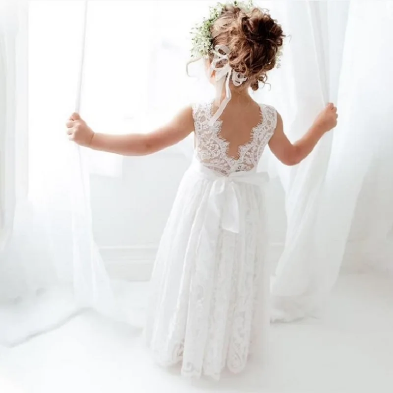 Girl Family Set Princess Dress White Lace Long Dress Wedding Flower Children Open Back Wedding Dress Girl Elegant Evening Dress