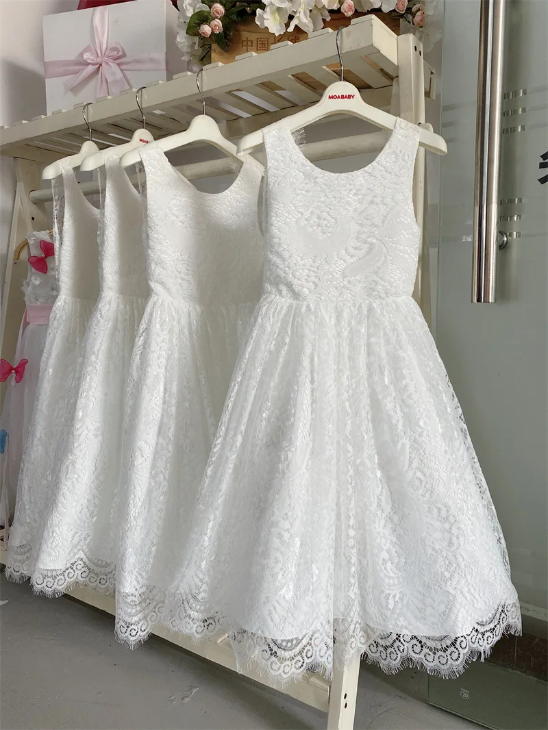 Girl Family Set Princess Dress White Lace Long Dress Wedding Flower Children Open Back Wedding Dress Girl Elegant Evening Dress