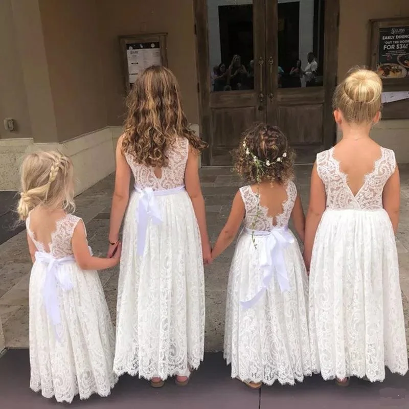 Girl Family Set Princess Dress White Lace Long Dress Wedding Flower Children Open Back Wedding Dress Girl Elegant Evening Dress