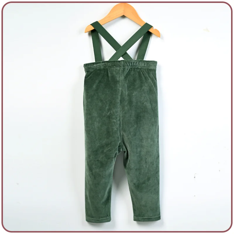 Velour Set with Polar Fleece Pocket Family Clothing Dress Top and Romper Overall Suspender Children Green Elegant Bust Shrink
