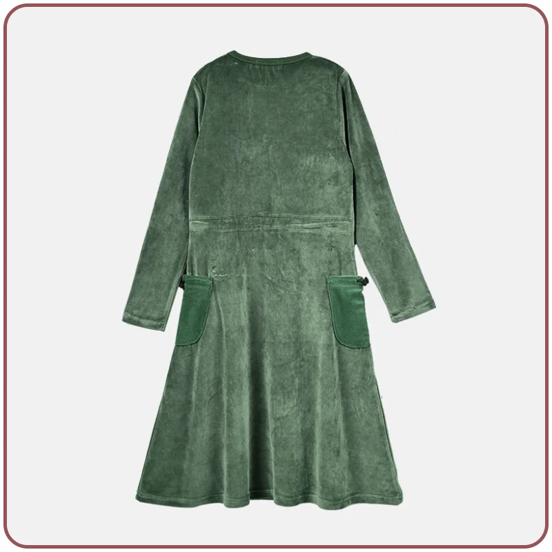 Velour Set with Polar Fleece Pocket Family Clothing Dress Top and Romper Overall Suspender Children Green Elegant Bust Shrink