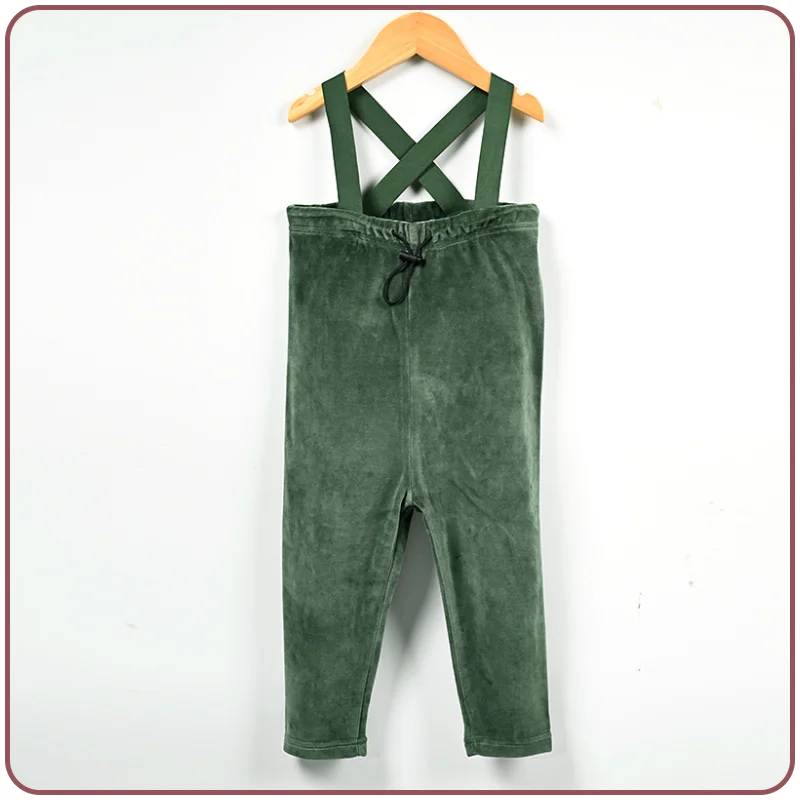 Velour Set with Polar Fleece Pocket Family Clothing Dress Top and Romper Overall Suspender Children Green Elegant Bust Shrink