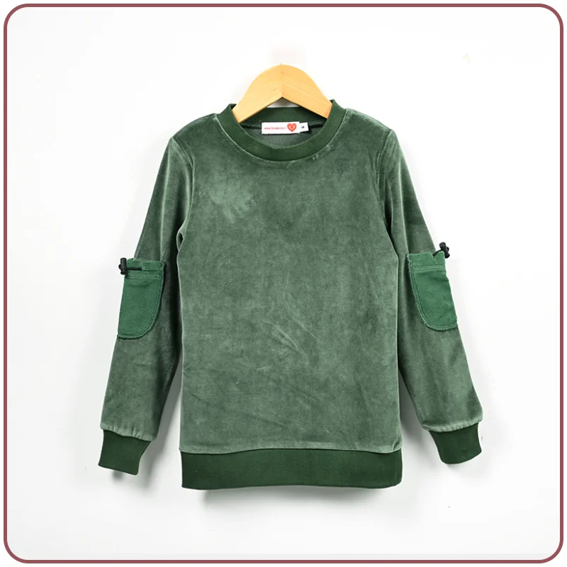 Velour Set with Polar Fleece Pocket Family Clothing Dress Top and Romper Overall Suspender Children Green Elegant Bust Shrink