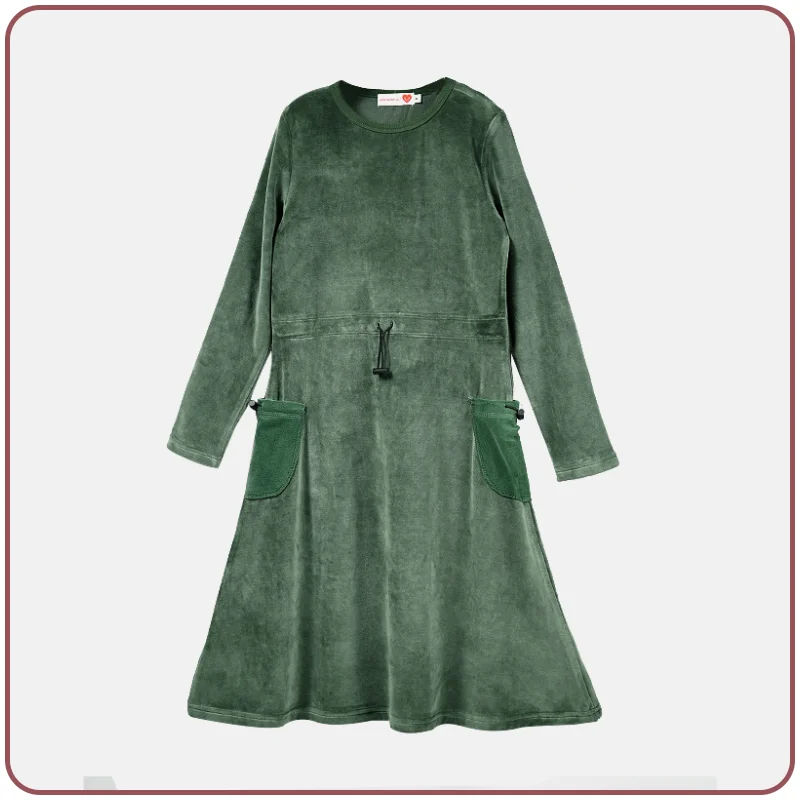 Velour Set with Polar Fleece Pocket Family Clothing Dress Top and Romper Overall Suspender Children Green Elegant Bust Shrink