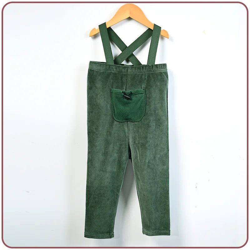 Velour Set with Polar Fleece Pocket Family Clothing Dress Top and Romper Overall Suspender Children Green Elegant Bust Shrink