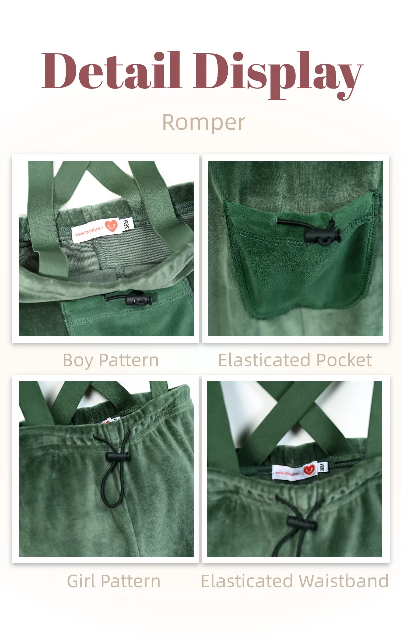 Velour Set with Polar Fleece Pocket Family Clothing Dress Top and Romper Overall Suspender Children Green Elegant Bust Shrink