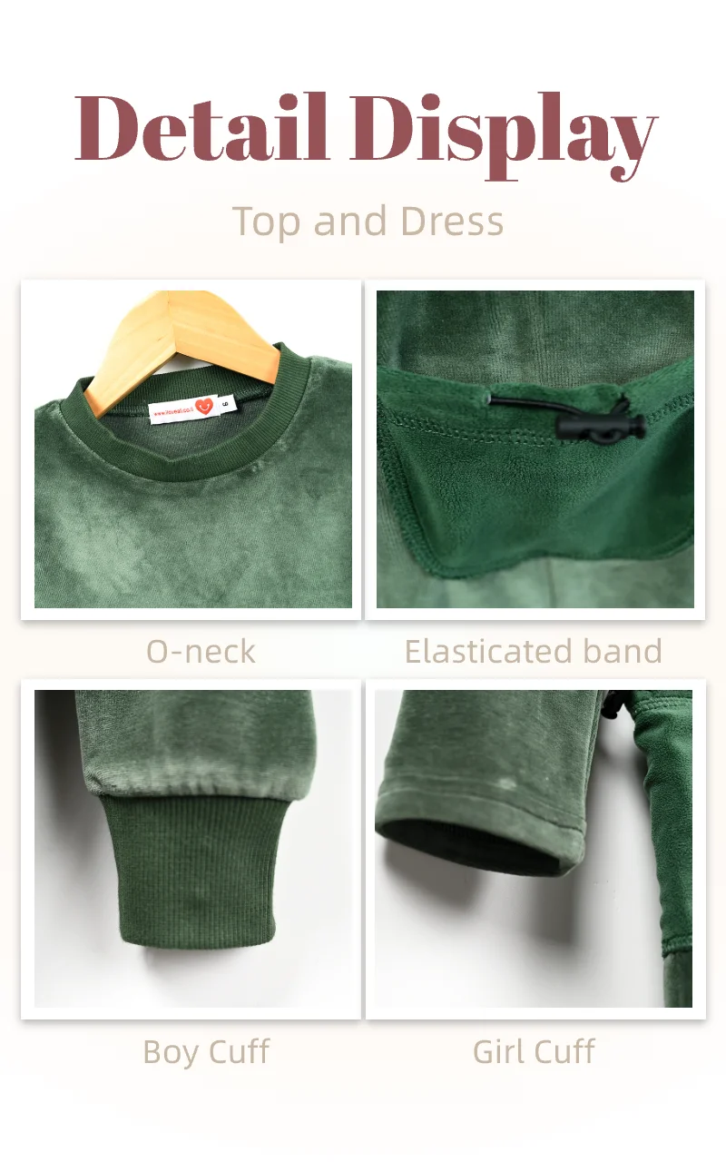 Velour Set with Polar Fleece Pocket Family Clothing Dress Top and Romper Overall Suspender Children Green Elegant Bust Shrink