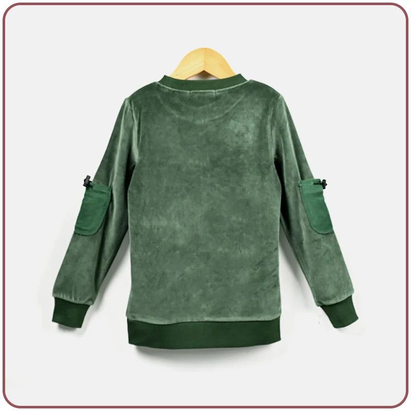 Velour Set with Polar Fleece Pocket Family Clothing Dress Top and Romper Overall Suspender Children Green Elegant Bust Shrink