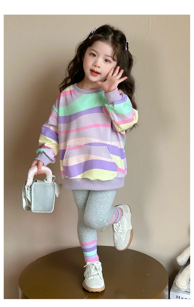 Baby Girls Rainbow Striped Spring Autumn Sport Causal Clothing Sets Children Kids Hoody T Shirt Pants Clothes for 2 to 8 years