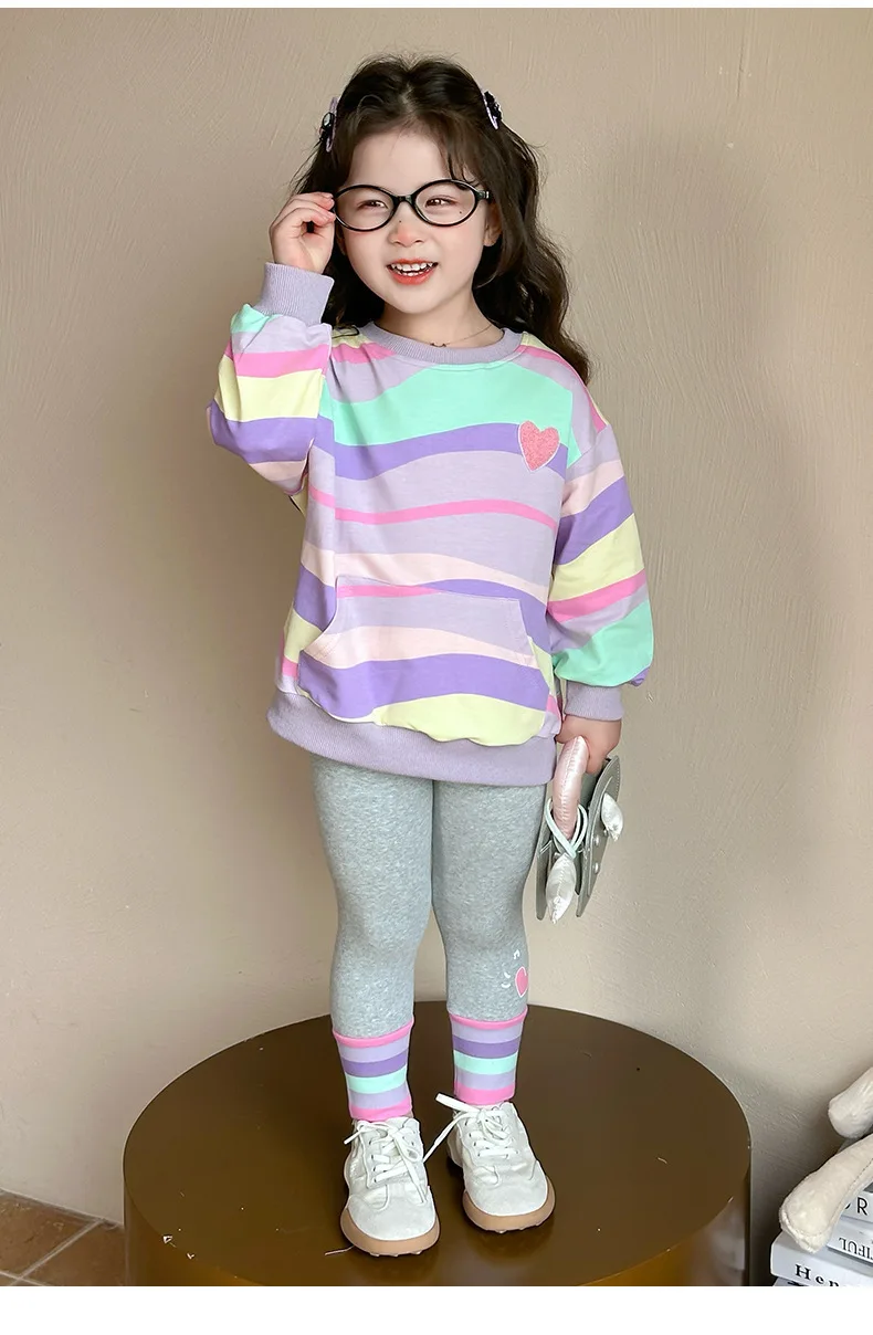 Baby Girls Rainbow Striped Spring Autumn Sport Causal Clothing Sets Children Kids Hoody T Shirt Pants Clothes for 2 to 8 years