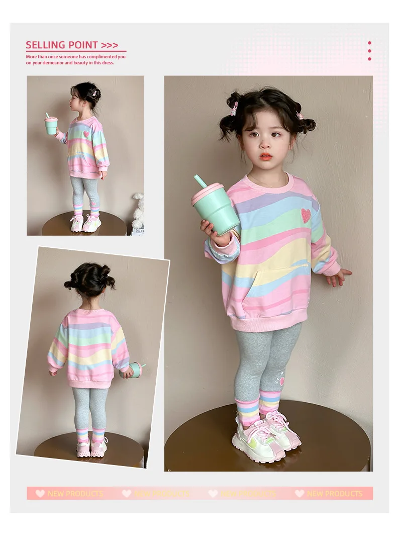 Baby Girls Rainbow Striped Spring Autumn Sport Causal Clothing Sets Children Kids Hoody T Shirt Pants Clothes for 2 to 8 years