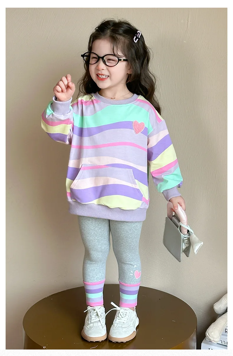 Baby Girls Rainbow Striped Spring Autumn Sport Causal Clothing Sets Children Kids Hoody T Shirt Pants Clothes for 2 to 8 years