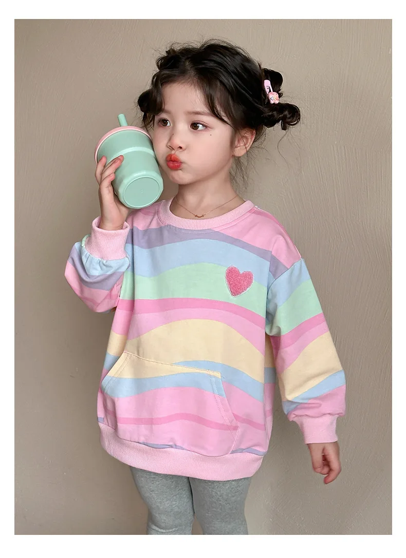 Baby Girls Rainbow Striped Spring Autumn Sport Causal Clothing Sets Children Kids Hoody T Shirt Pants Clothes for 2 to 8 years