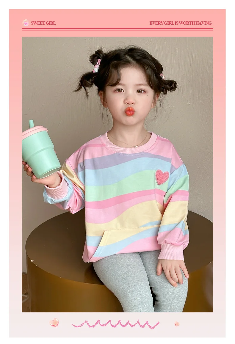 Baby Girls Rainbow Striped Spring Autumn Sport Causal Clothing Sets Children Kids Hoody T Shirt Pants Clothes for 2 to 8 years